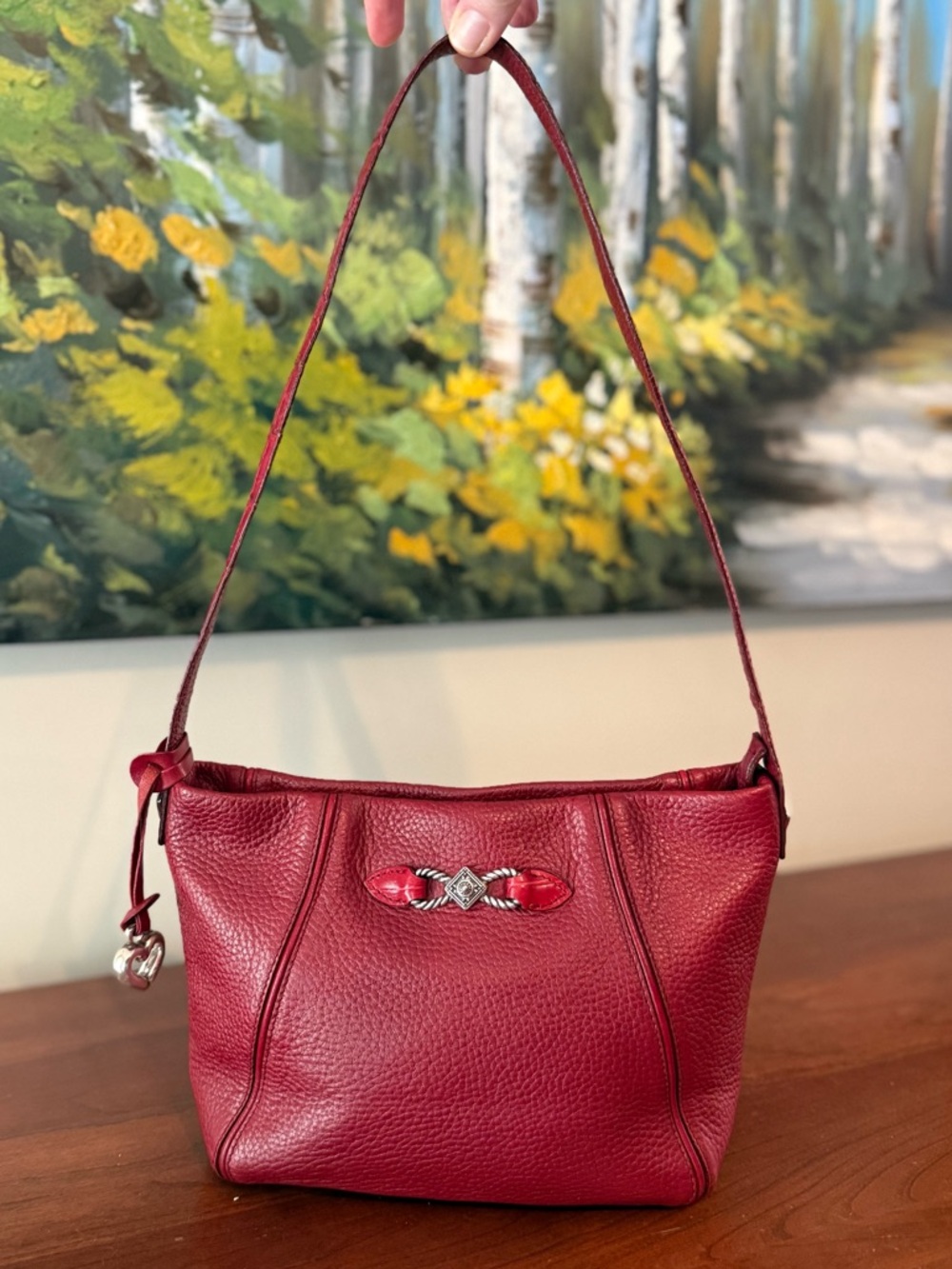 Brighton Soft Red Pebbled Leather Shoulder Bucket Bag w/ OG Charm | Vintage